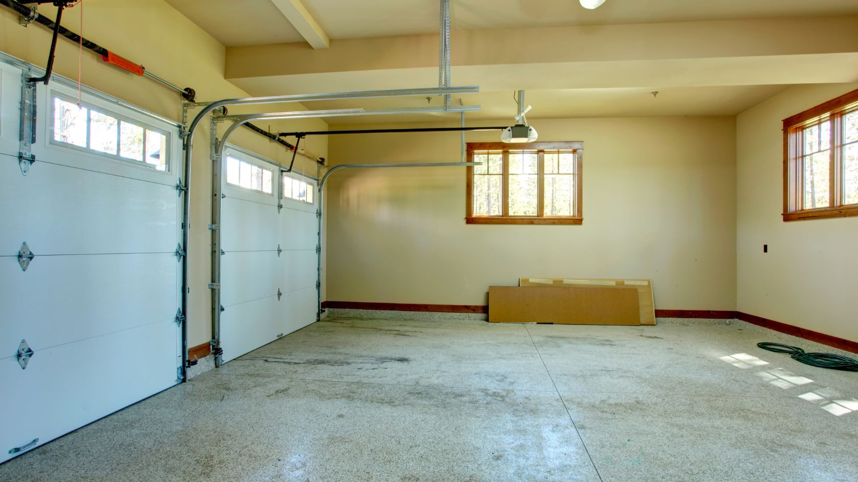 A garage with a box in the middle of the floor